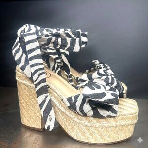 Sam Edelman Platform Wedge Sandal 6.5 Ankle Tie Chic Bow Zebra Black White Tula